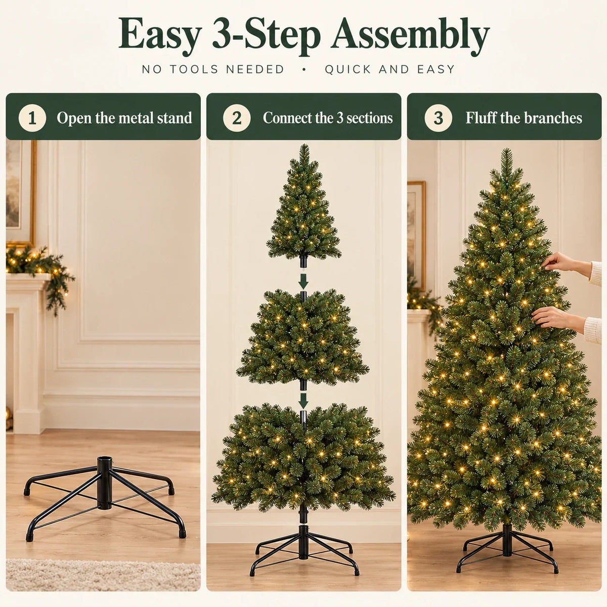 Easy 3-step assembly demonstration for 6FT hinged Christmas tree