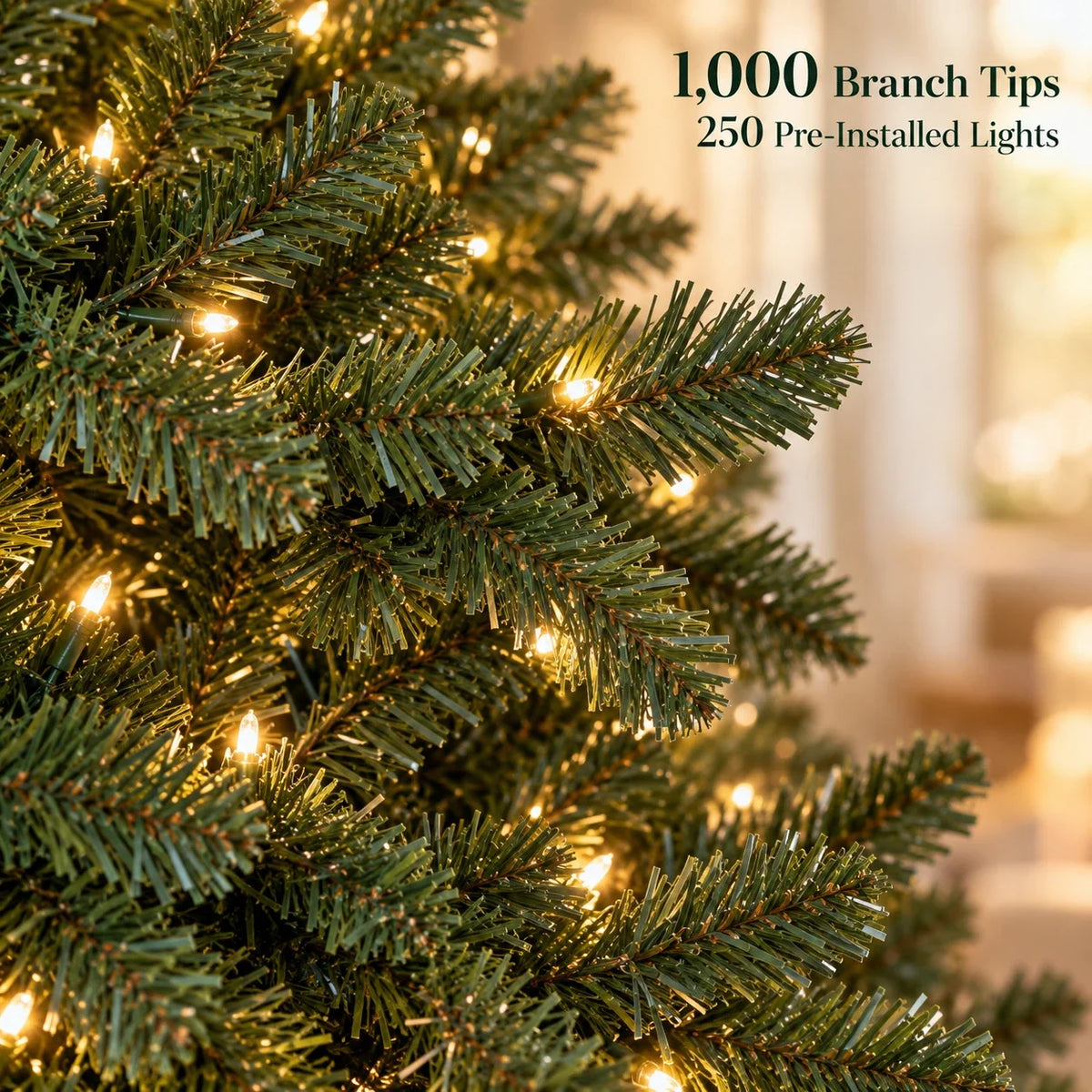 Close-up of green artificial tree branch tips and pre-installed lights