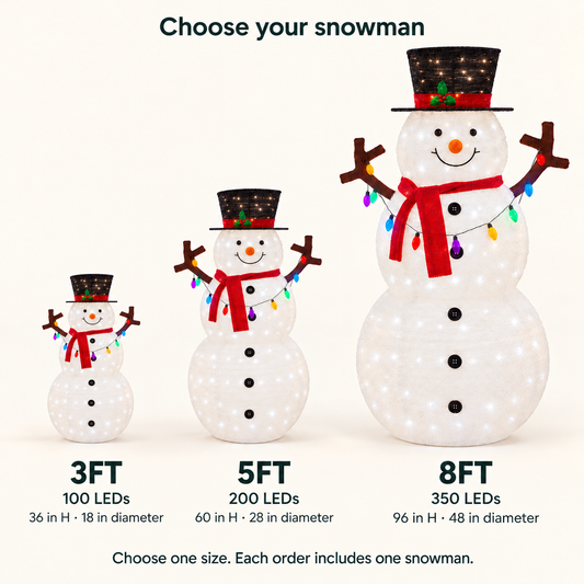 Compare 3FT, 5FT and 8FT snowman sizes, LED counts and dimensions; each order contains one chosen size
