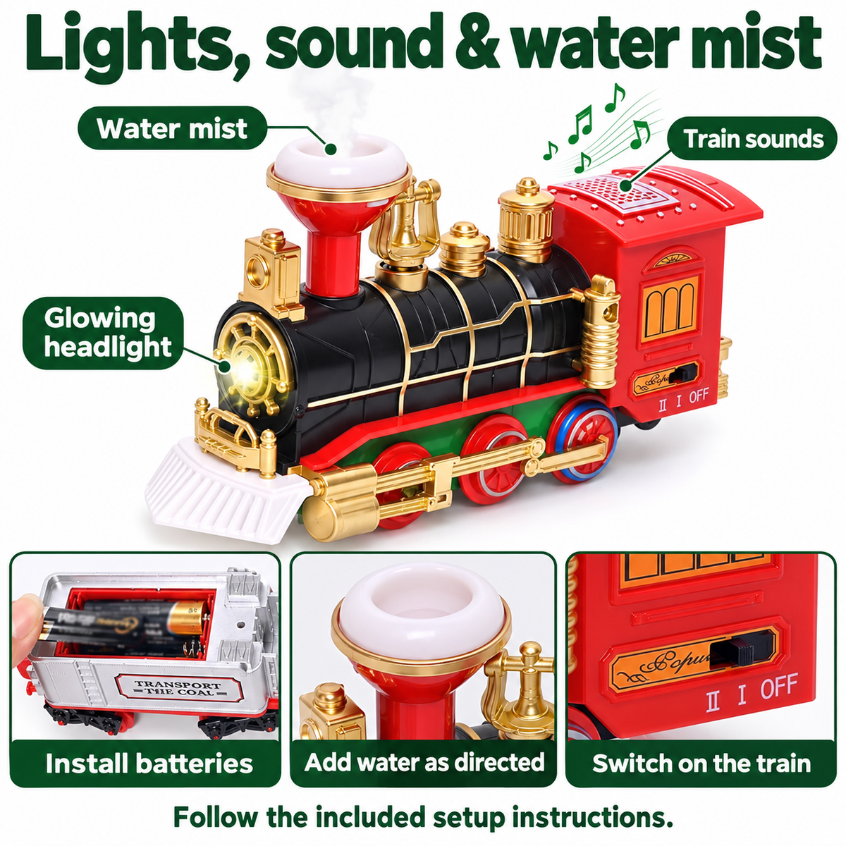 Christmas train lights, sounds, water mist, battery compartment and switch