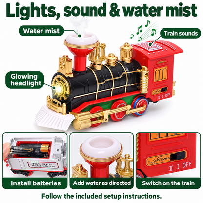 Christmas train lights, sounds, water mist, battery compartment and switch