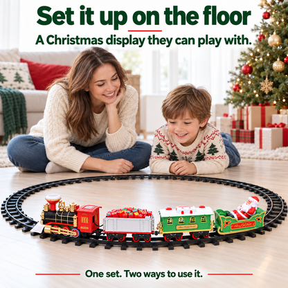 Mother and child watching the Christmas train on its floor track