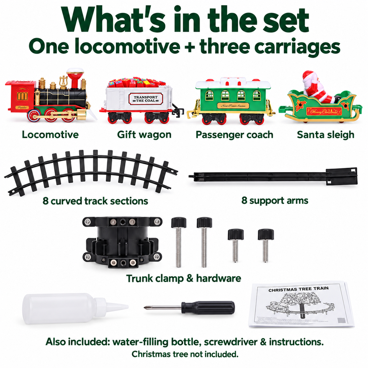 Locomotive, three carriages, curved track sections and mounting accessories
