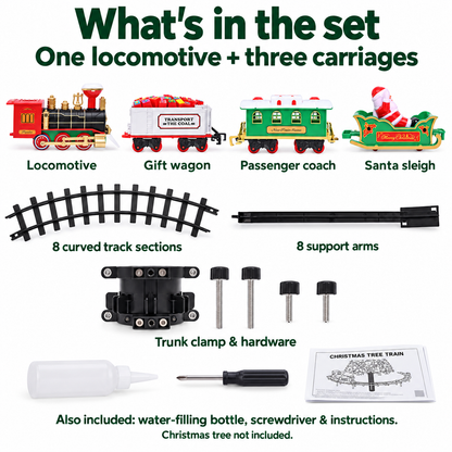 Locomotive, three carriages, curved track sections and mounting accessories