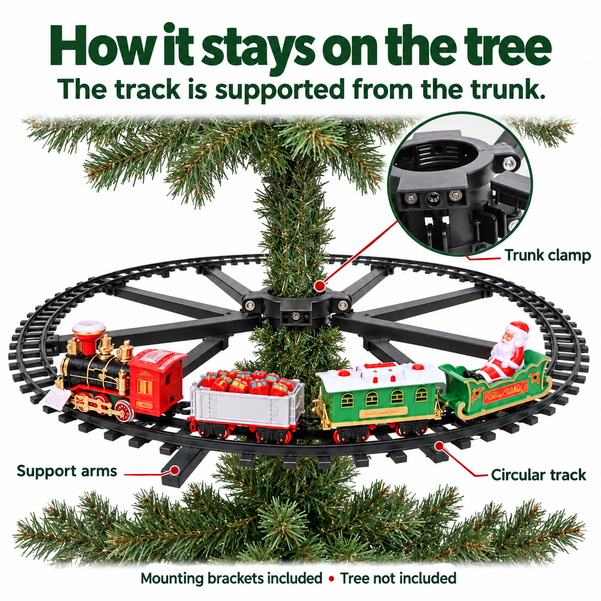 Trunk clamp and support arms holding the circular Christmas train track