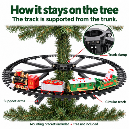 Trunk clamp and support arms holding the circular Christmas train track