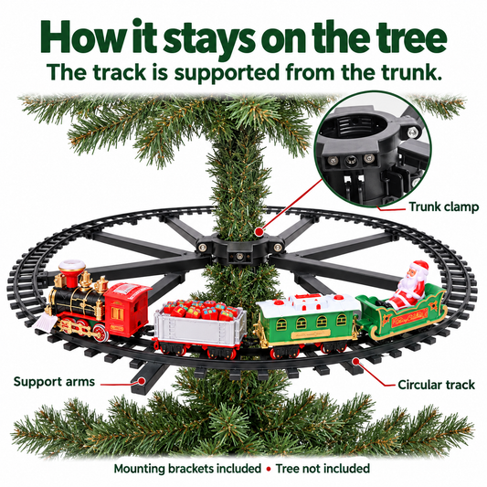 Trunk clamp and support arms holding the circular Christmas train track