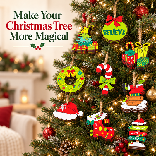 Ornaments hanging on a Christmas tree